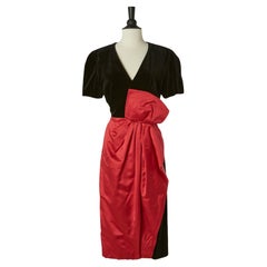 Black velvet cocktail dress with pink silk satin drapé bow GUY LAROCHE