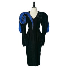 Vintage Black velvet cocktail dress with satin and rhinestone Claude Petin DIAMANT NOIR
