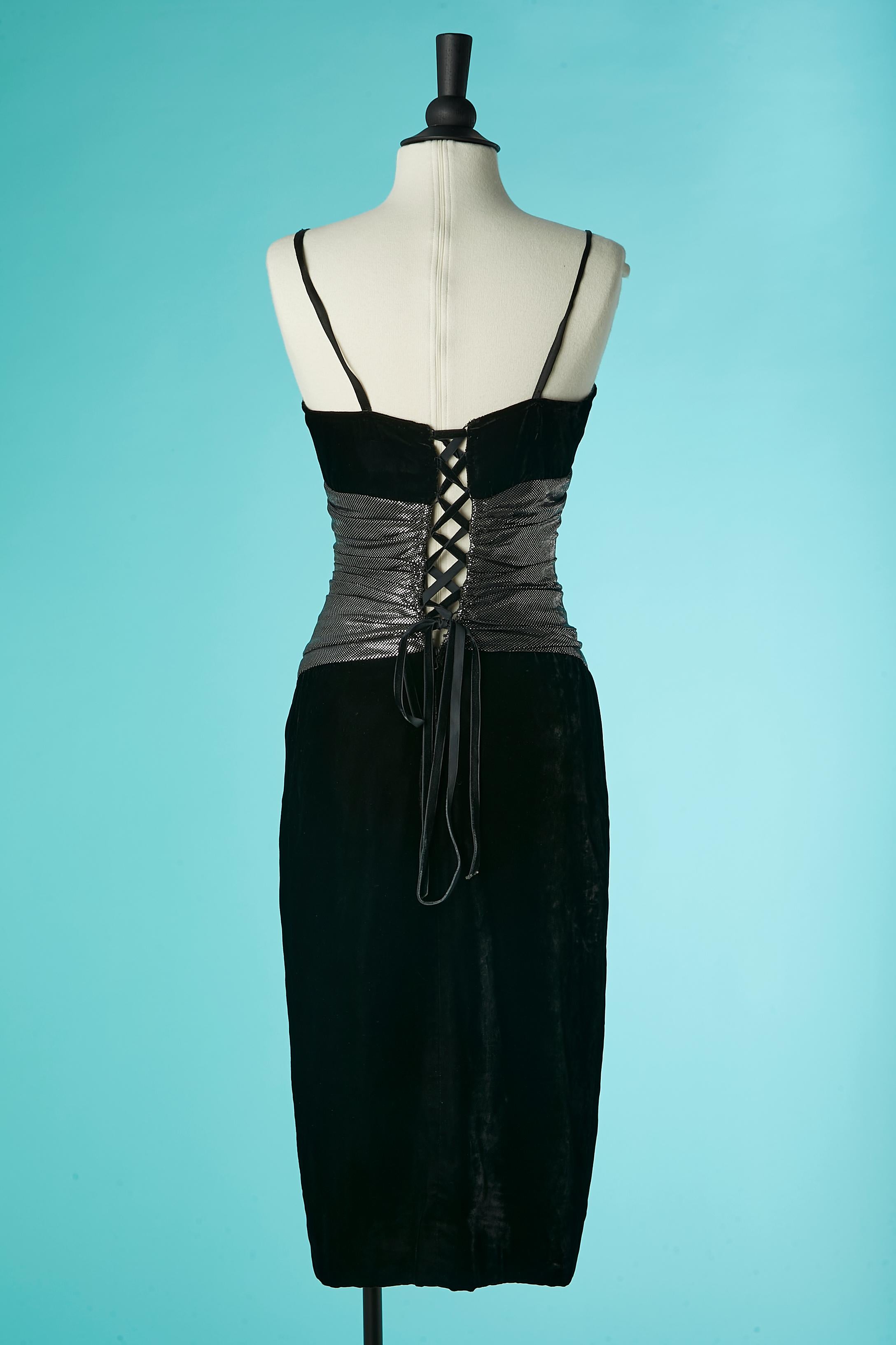 Black velvet cocktail dress with silver jersey inset and laced back LANVIN  For Sale 1