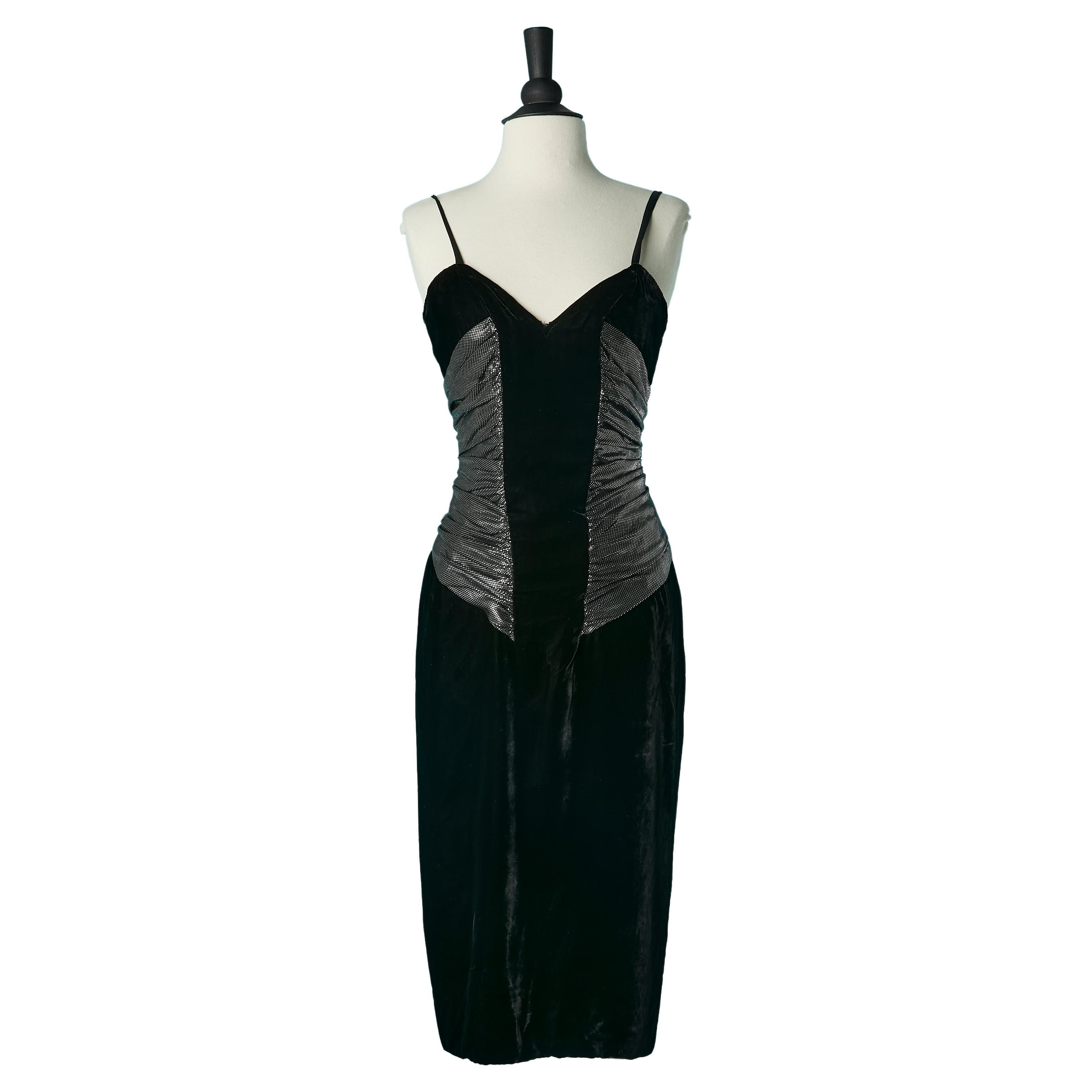 Black velvet cocktail dress with silver jersey inset and laced back LANVIN  For Sale