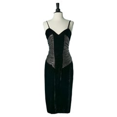 Black velvet cocktail dress with silver jersey inset and laced back LANVIN 