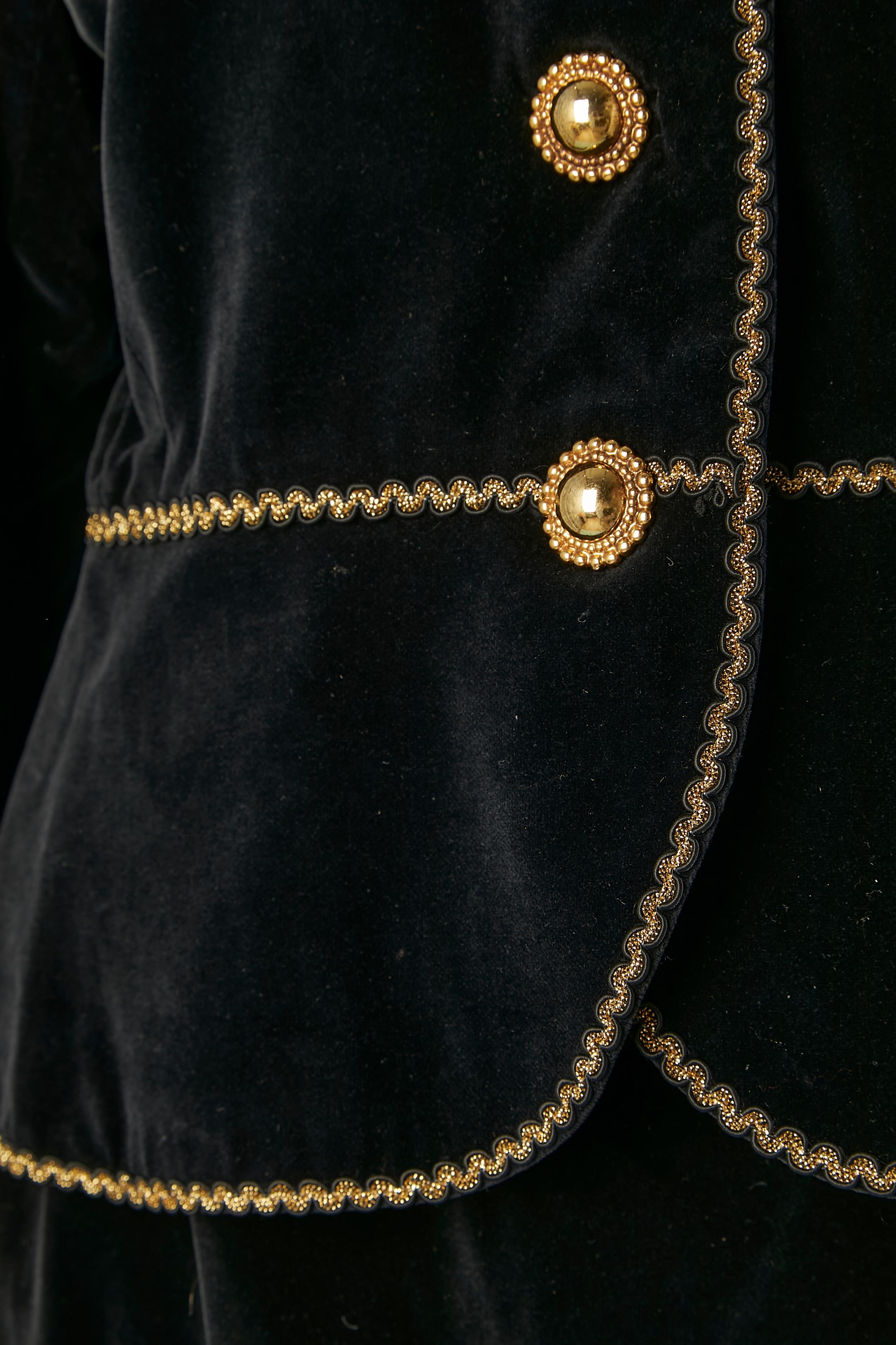 Black velvet cocktail skirt suit with gold metal buttons YSL Rive gauche 1980's  In Good Condition In Saint-Ouen-Sur-Seine, FR