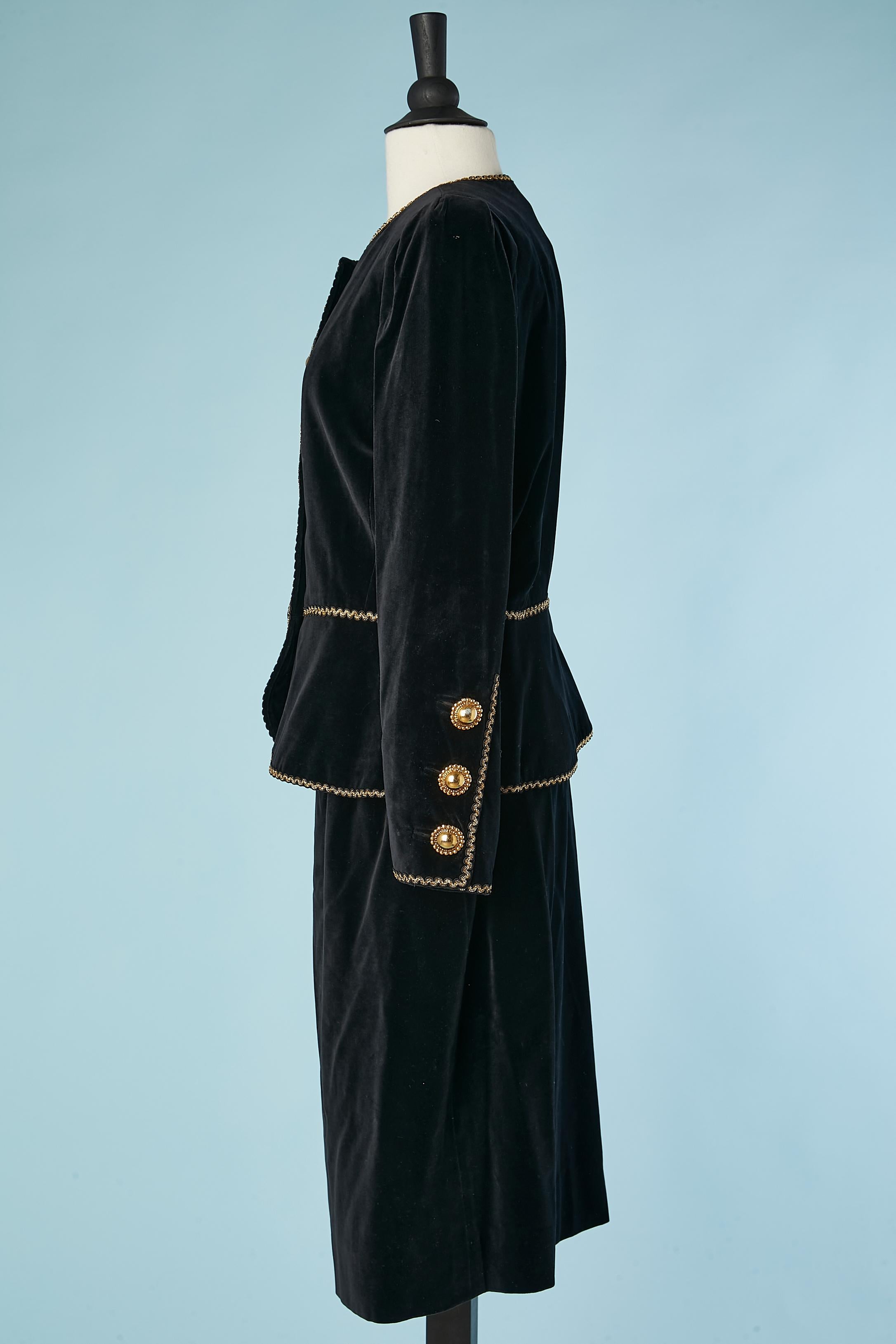 Women's Black velvet cocktail skirt suit with gold metal buttons YSL Rive gauche 1980's 