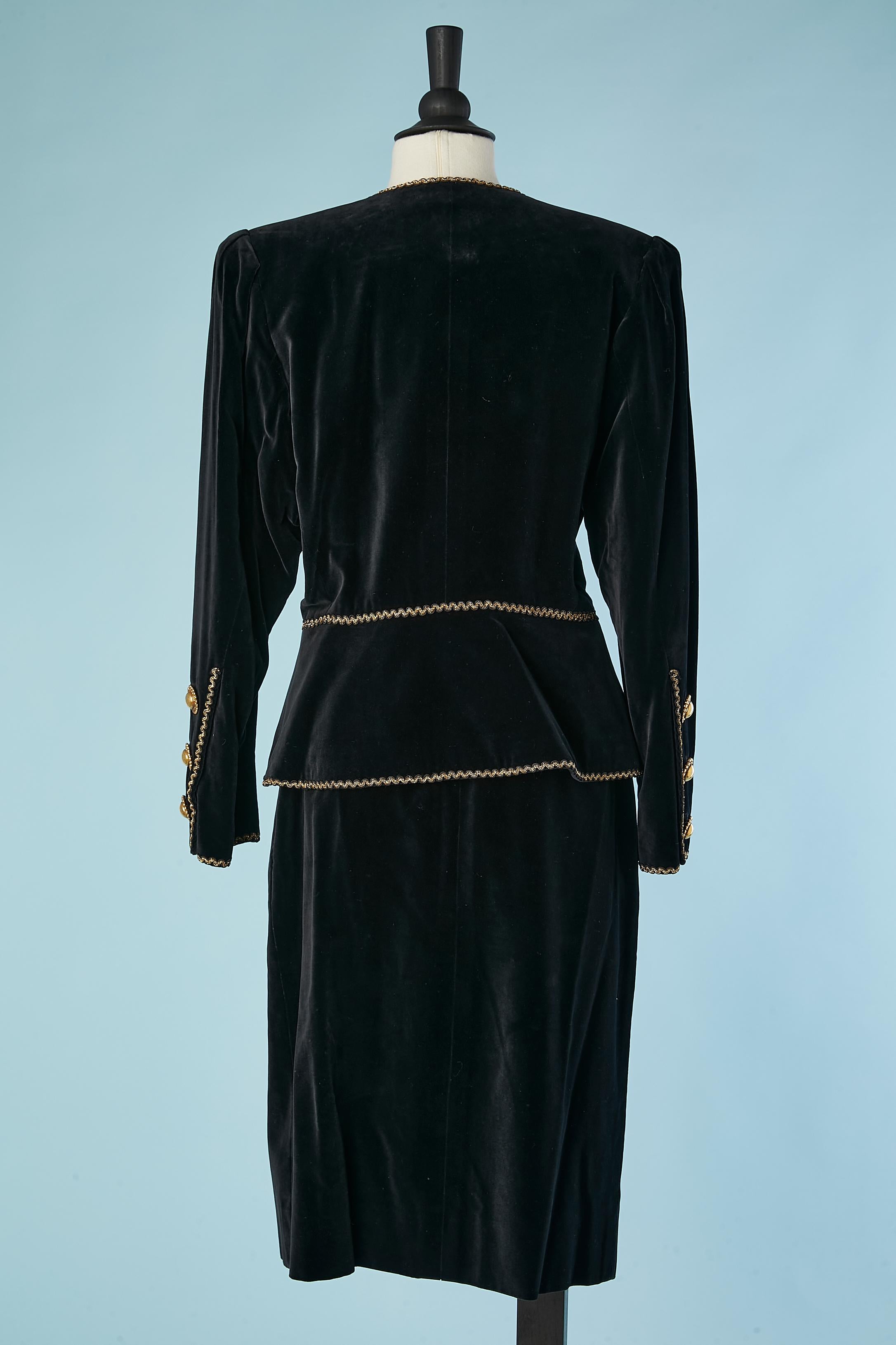 Black velvet cocktail skirt suit with gold metal buttons YSL Rive gauche 1980's  1