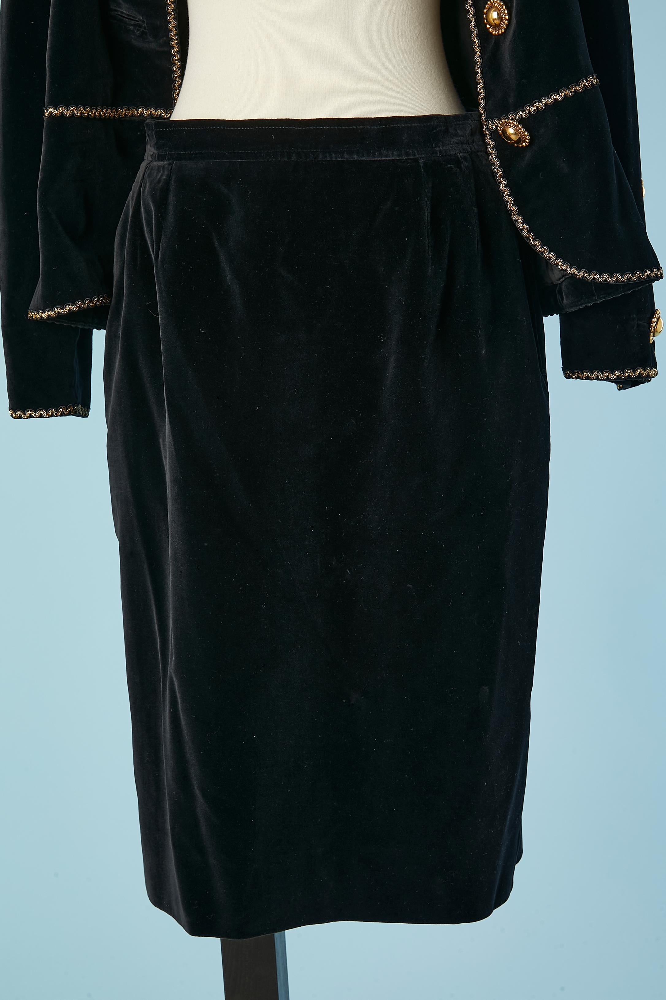 Black velvet cocktail skirt suit with gold metal buttons YSL Rive gauche 1980's  2