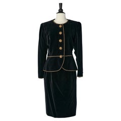 Black velvet cocktail skirt suit with gold metal buttons YSL Rive gauche 1980's 