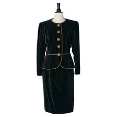 Black velvet cocktail skirt suit with gold metal buttons YSL Rive gauche 1980's