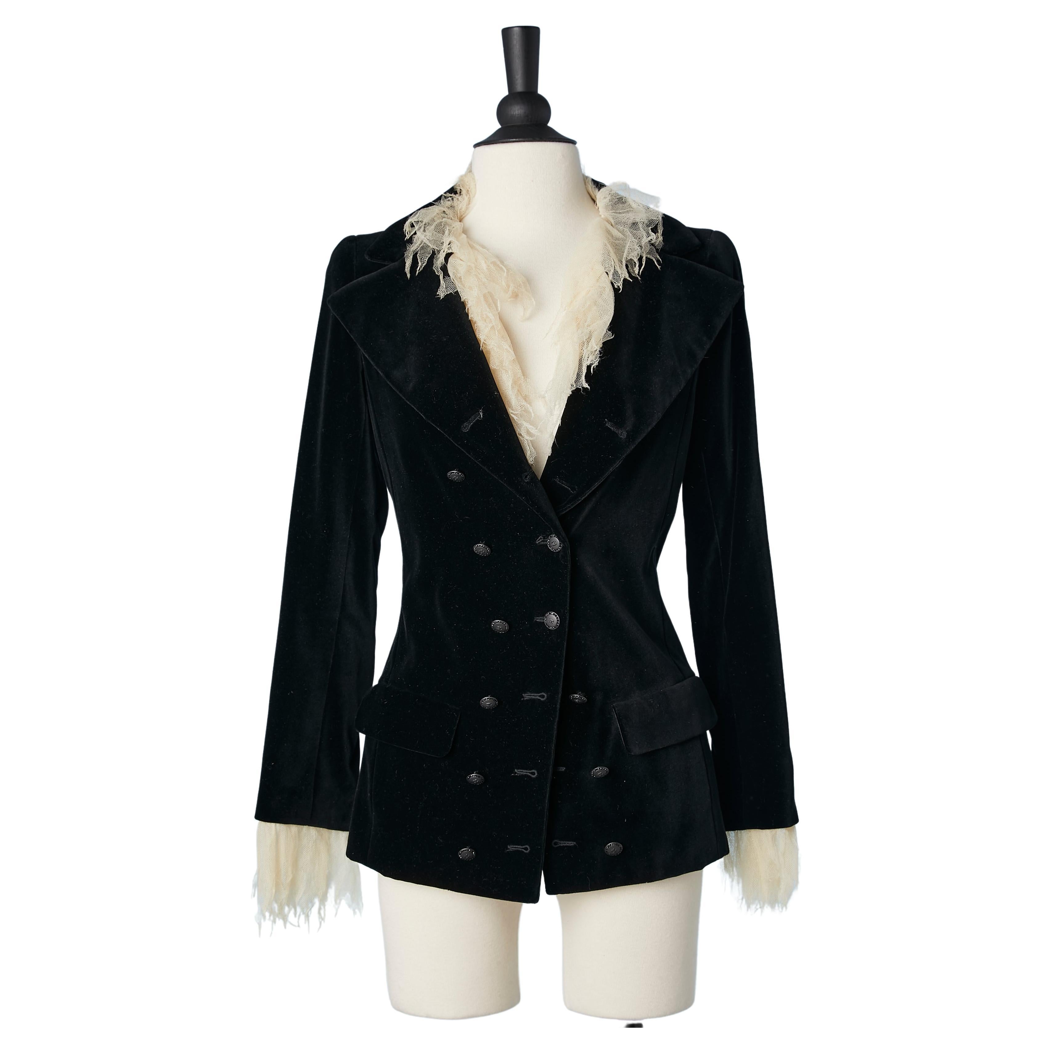 Black velvet double-breasted jacket with ivory silk tulle edge Chanel