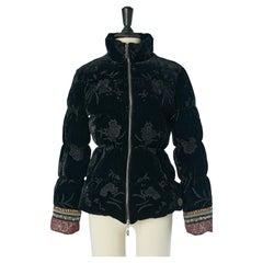 Black velvet down jacket with black threads embroideries and ribbon  Galliano