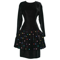 Black velvet  dress with multicolor dots embroidered Christian Dior Boutique