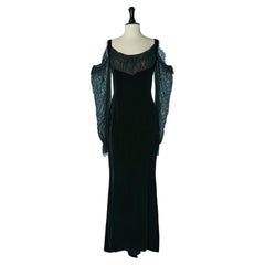 Black velvet evening dress with sleeves and neckline in lace Fernando SANCHEZ