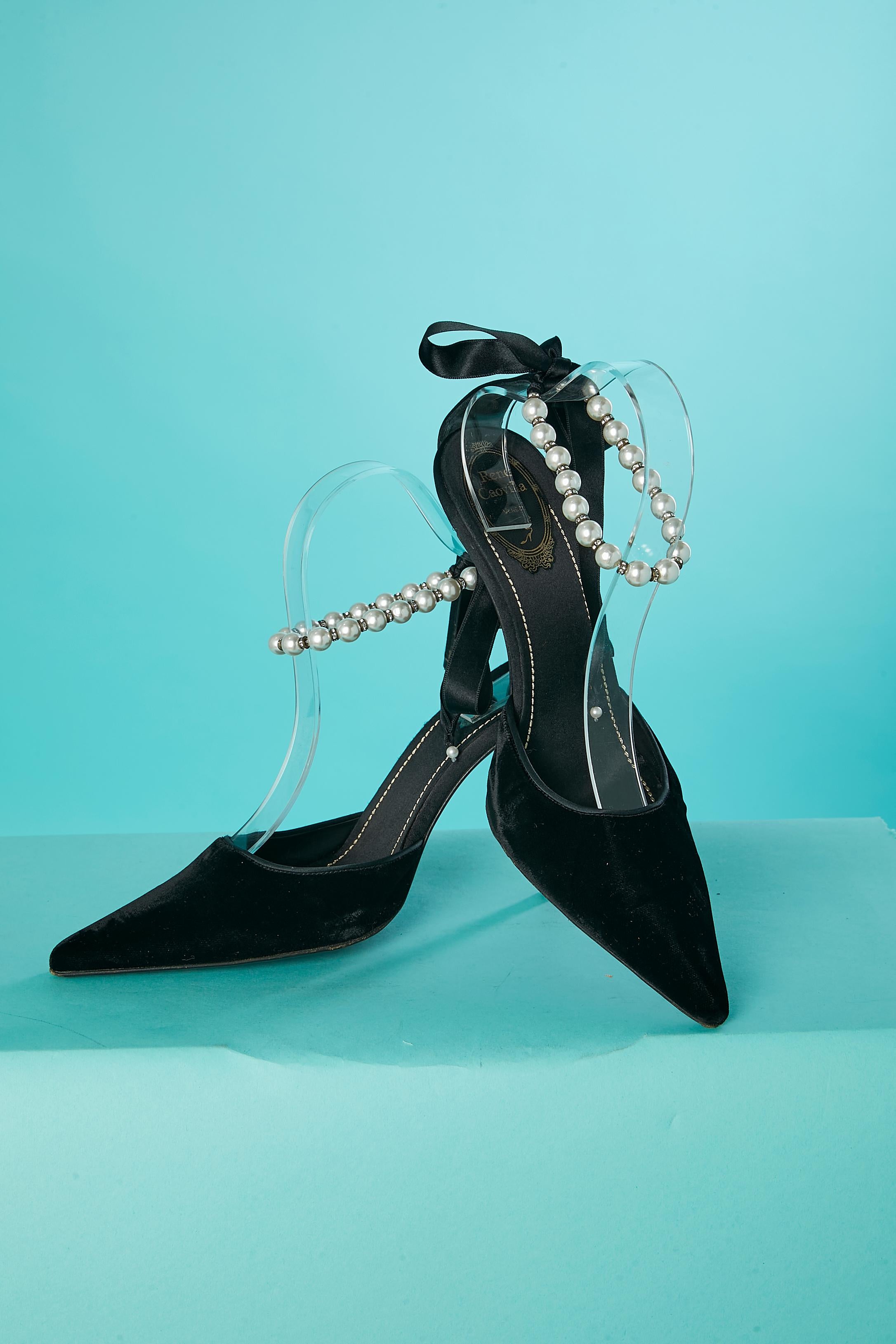 Women's Black velvet evening sandal with pearls and  rhinestone bracelet René Caovilla For Sale