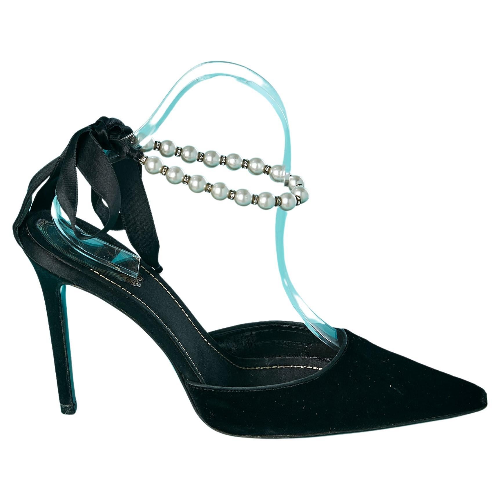 Black velvet evening sandal with pearls and  rhinestone bracelet René Caovilla  For Sale