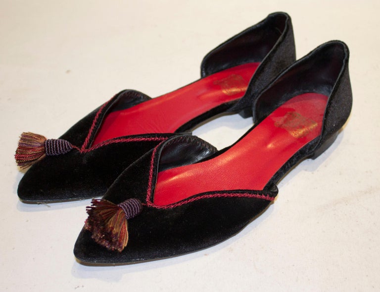 Black Velvet Flat Shoes with Tassle Detail. For Sale at 1stdibs