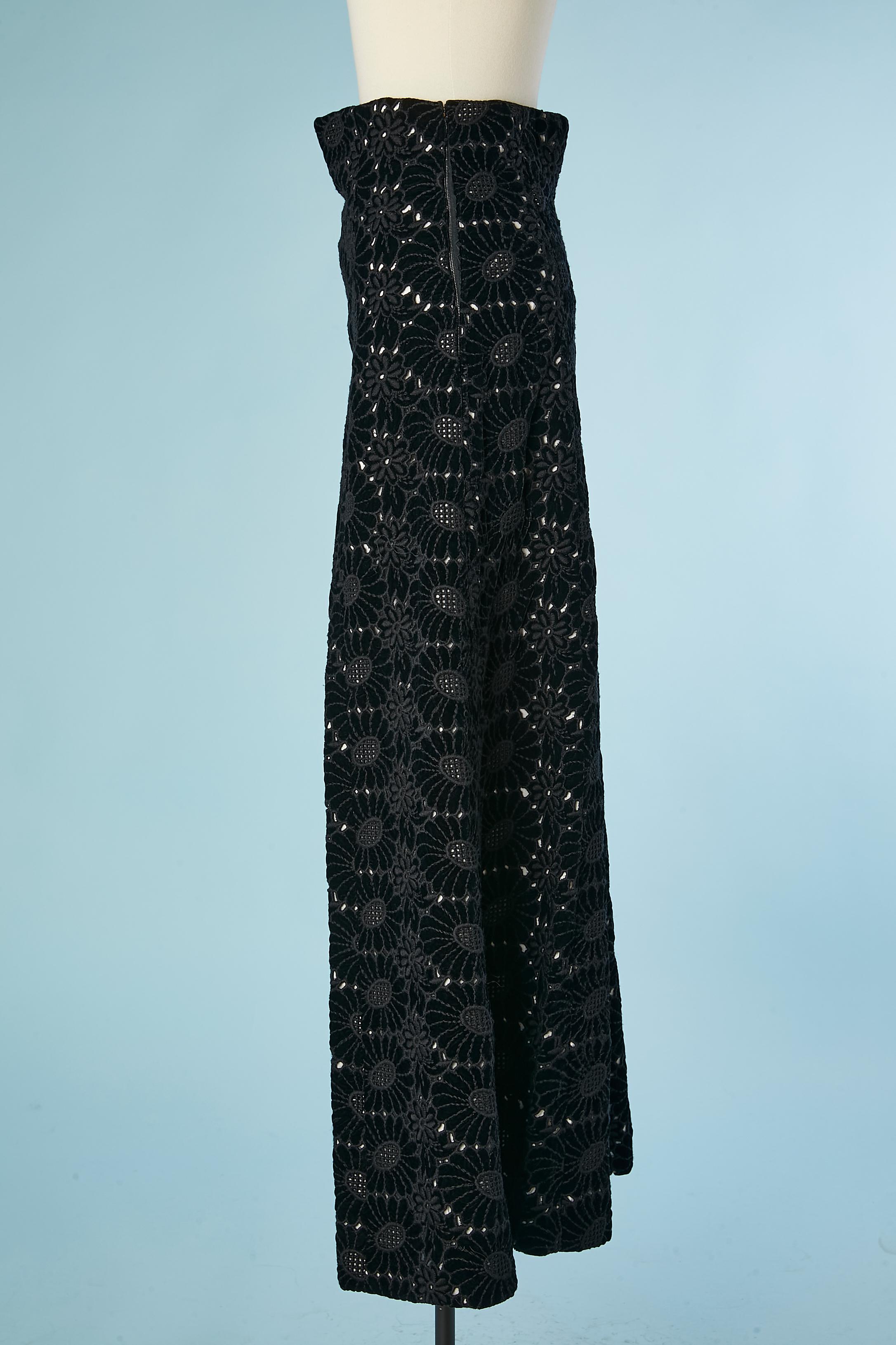 Women's Black velvet flowers high-waisted trouser with wide legs Circa 1970's  For Sale