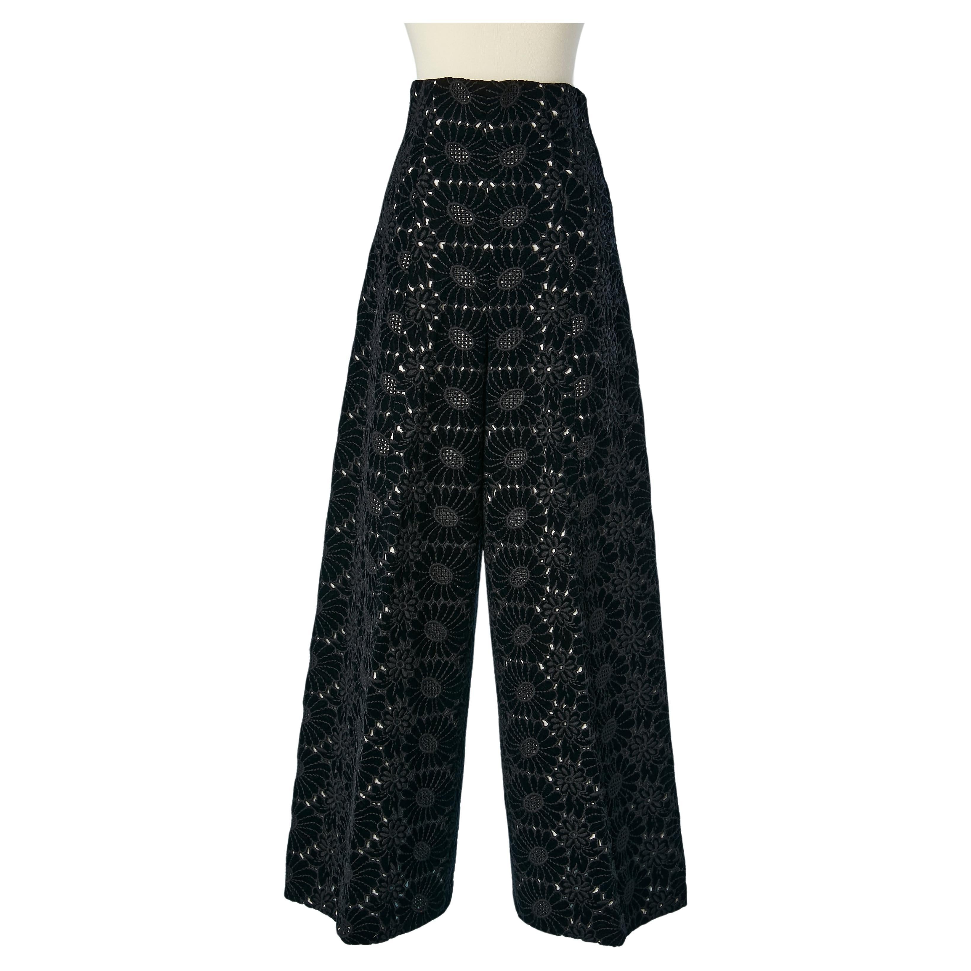 Black velvet flowers high-waisted trouser with wide legs Circa 1970's  For Sale