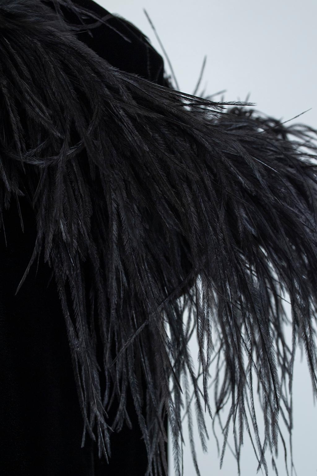 Black Velvet Full-Length Cloak Cape with Ostrich Feather Hood – S, 1960s 4
