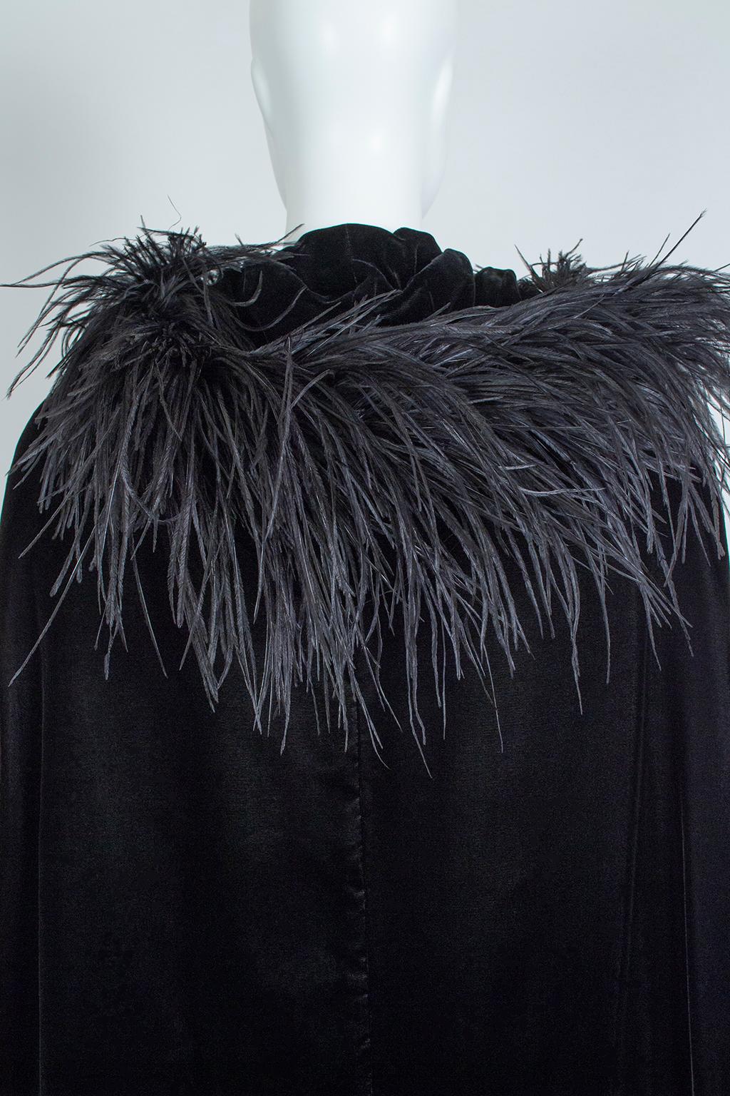 Black Velvet Full-Length Cloak Cape with Ostrich Feather Hood – S, 1960s 5