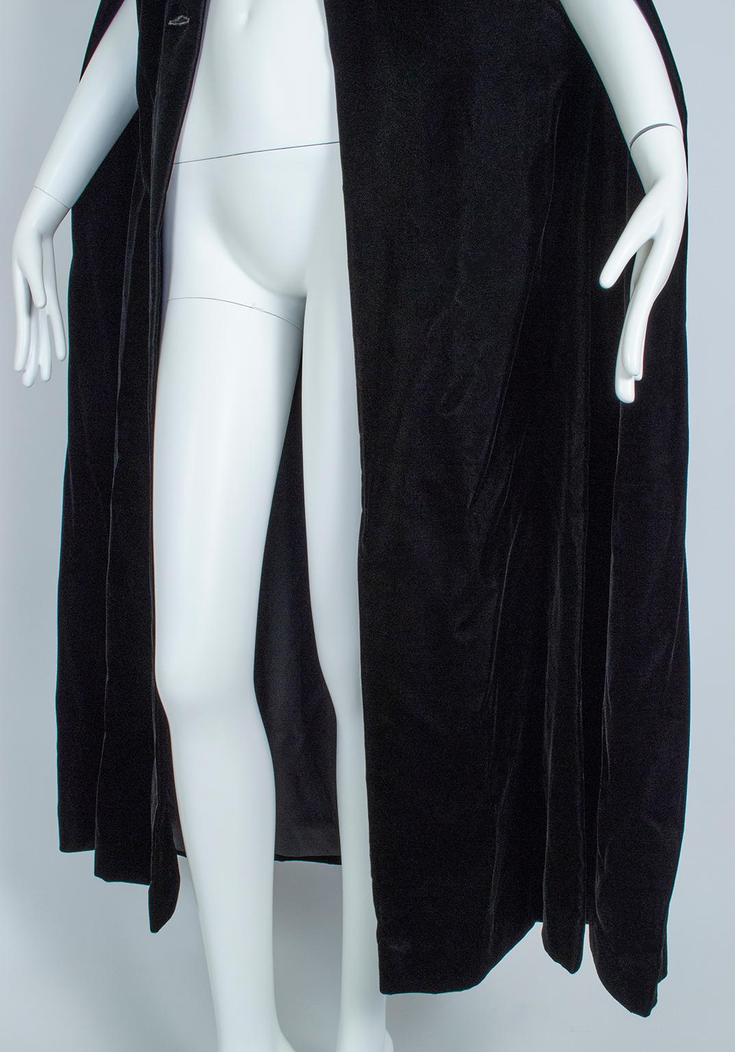 Black Velvet Full-Length Cloak Cape with Ostrich Feather Hood – S, 1960s 7