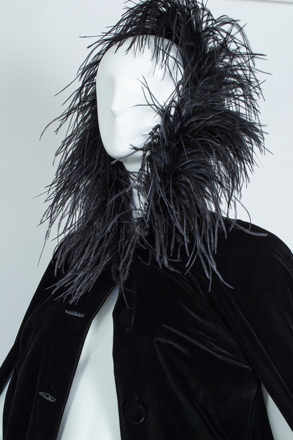 Black Velvet Full-Length Cloak Cape with Ostrich Feather Hood – S, 1960s In Excellent Condition In Tucson, AZ