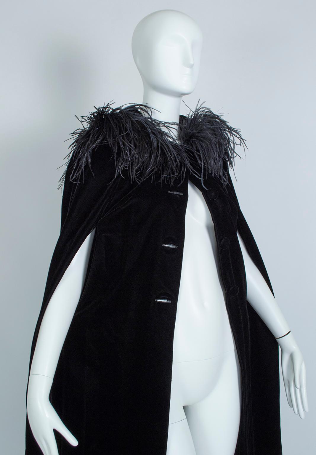 Women's Black Velvet Full-Length Cloak Cape with Ostrich Feather Hood – S, 1960s