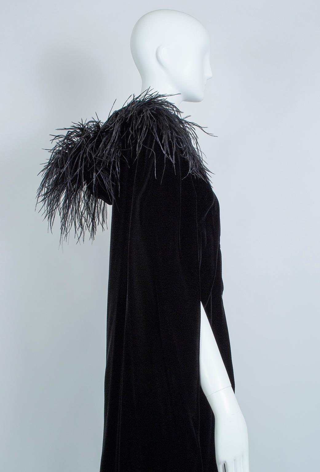 Black Velvet Full-Length Cloak Cape with Ostrich Feather Hood – S, 1960s 1