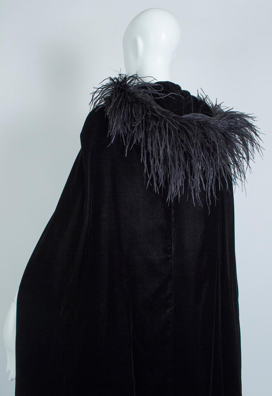 Black Velvet Full-Length Cloak Cape with Ostrich Feather Hood – S, 1960s 2