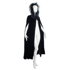 Vintage Black Velvet Full-Length Cloak Cape with Ostrich Feather Hood – S, 1960s