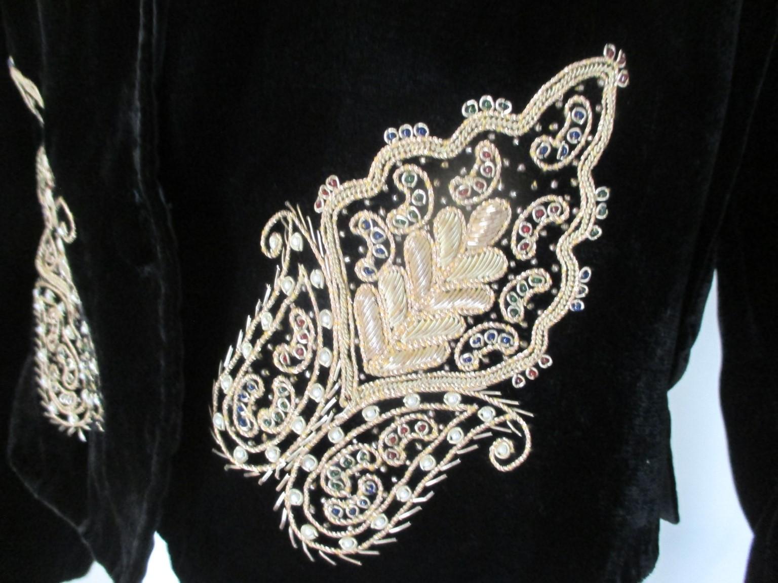 Women's or Men's Black Velvet Gold Embroidered Coat  For Sale