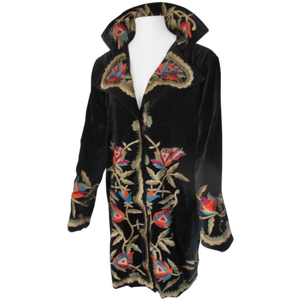 Black Velvet Gold Embroidered Flowers Coat For Sale at 1stDibs | black ...