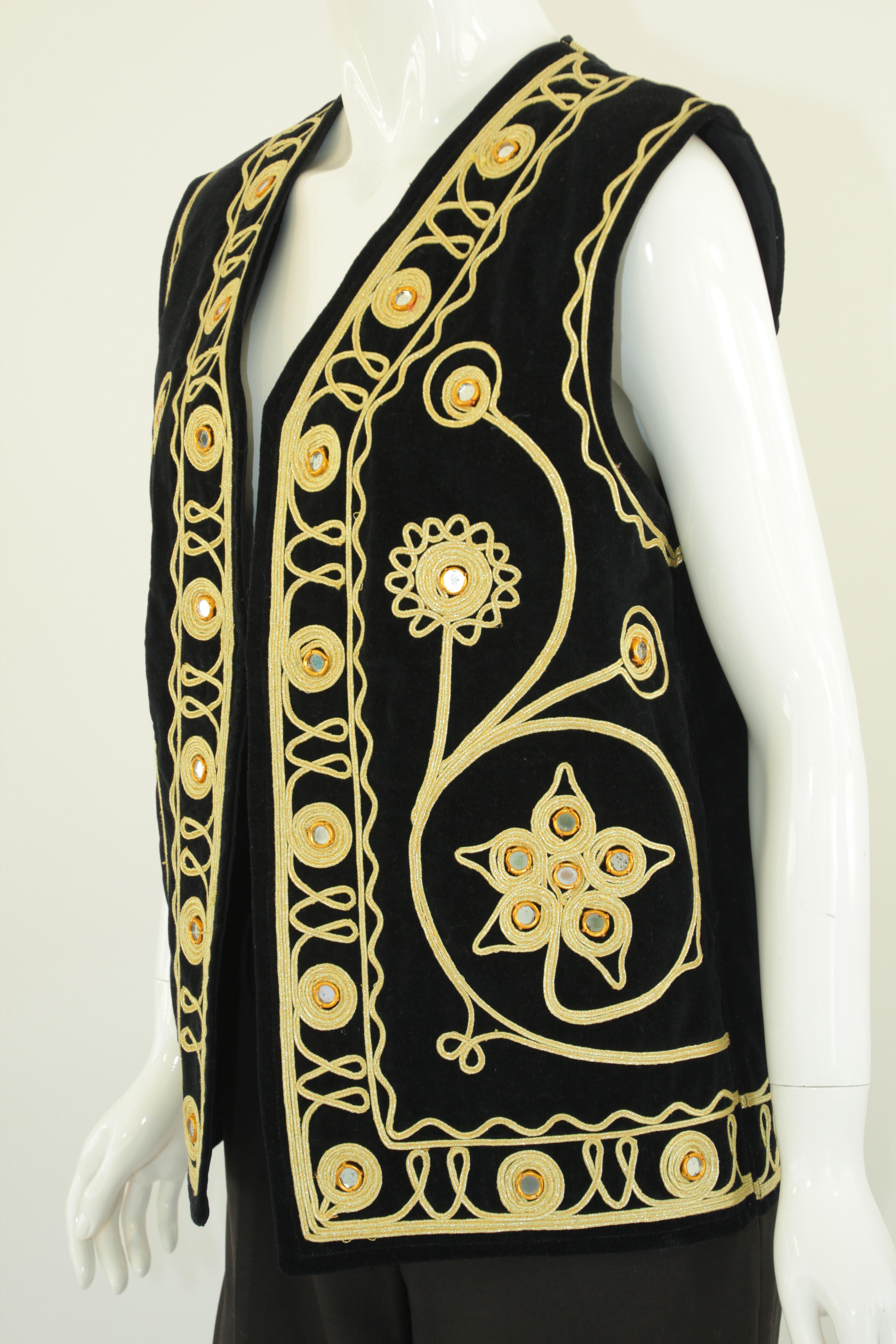 Black Velvet Gold Embroidered Mirrored Turkish Hippie Vest 1970's For Sale 4