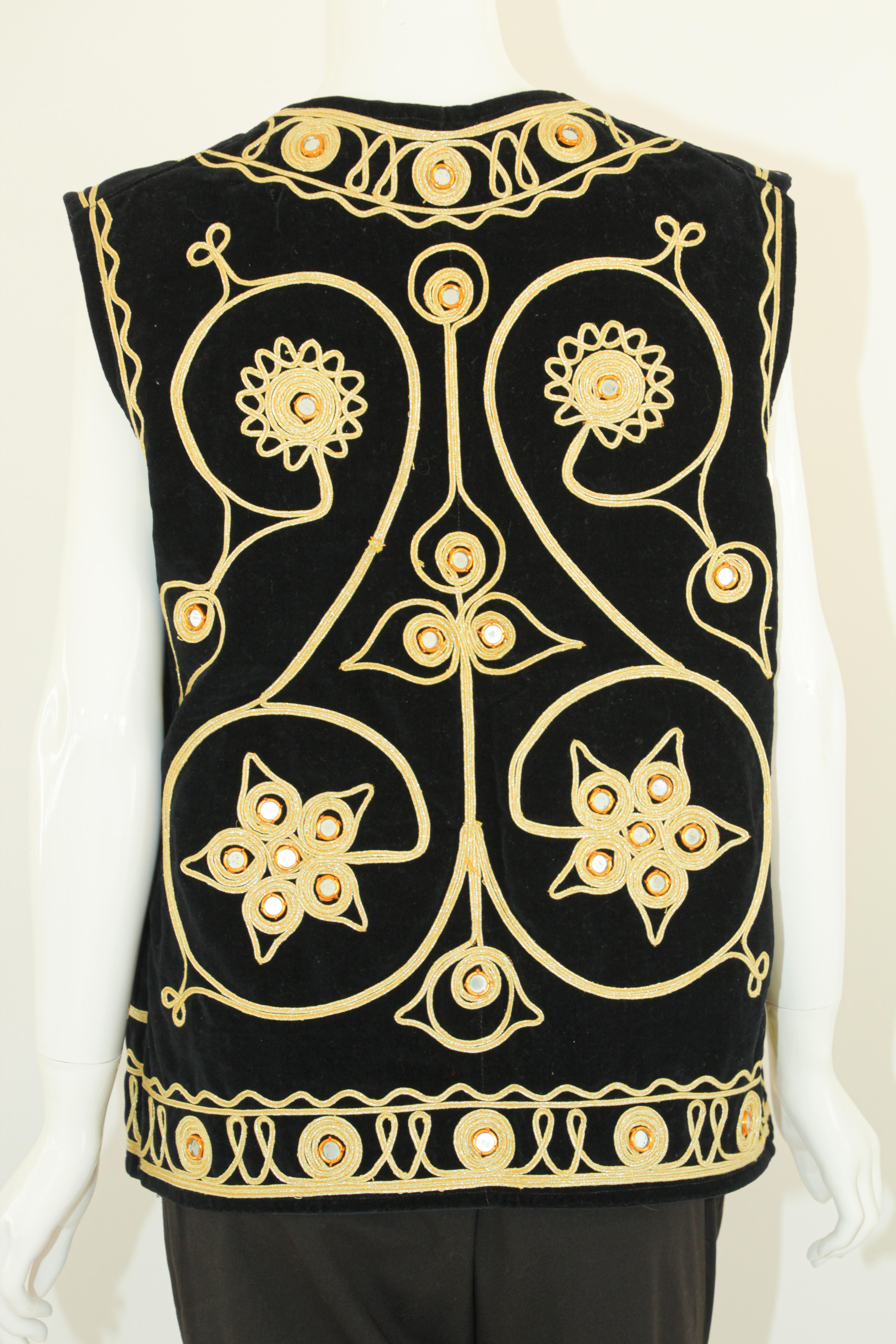 Black Velvet Gold Embroidered Mirrored Turkish Hippie Vest 1970's For Sale 6