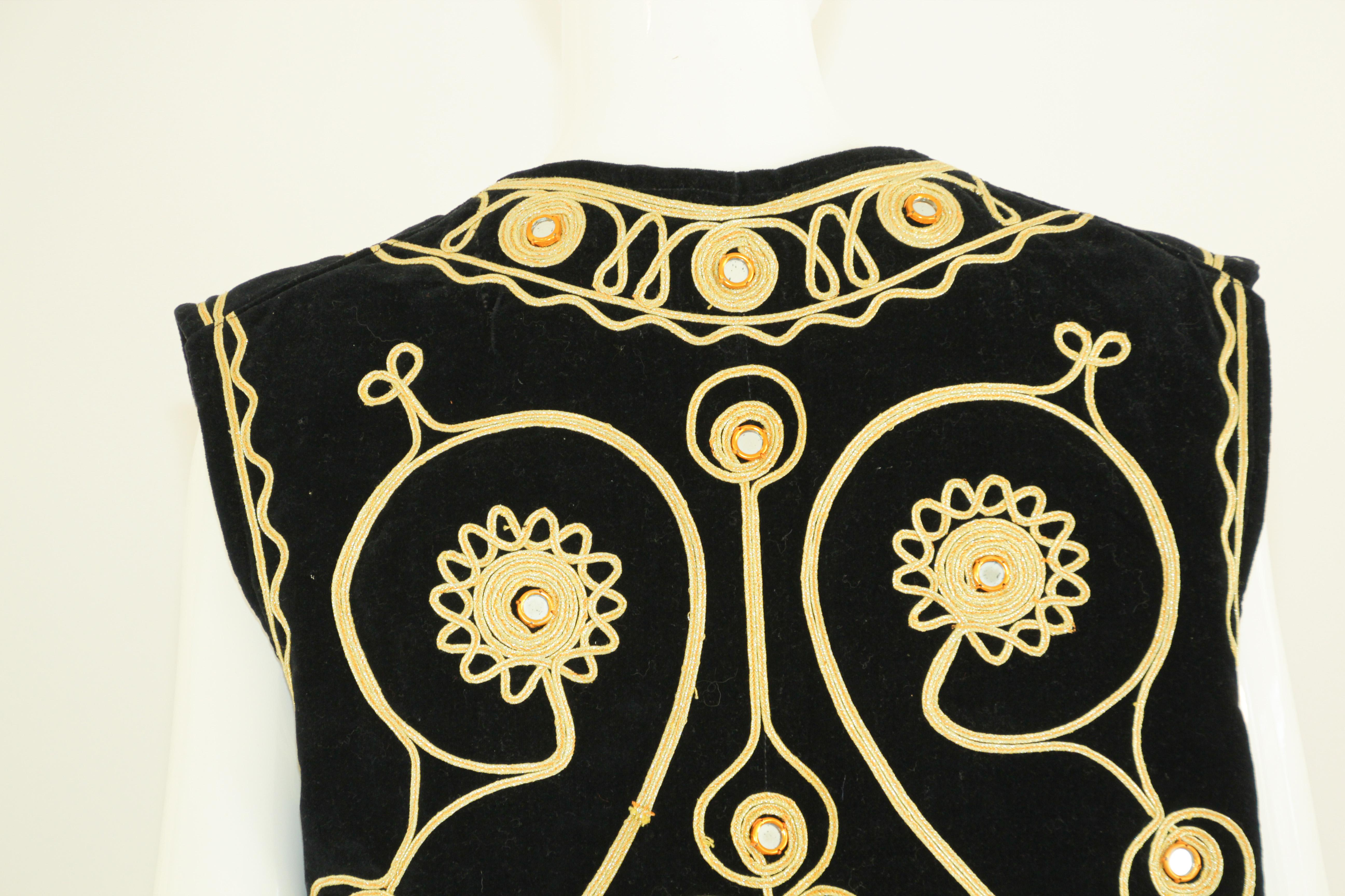 Black Velvet Gold Embroidered Mirrored Turkish Hippie Vest 1970's For Sale 7