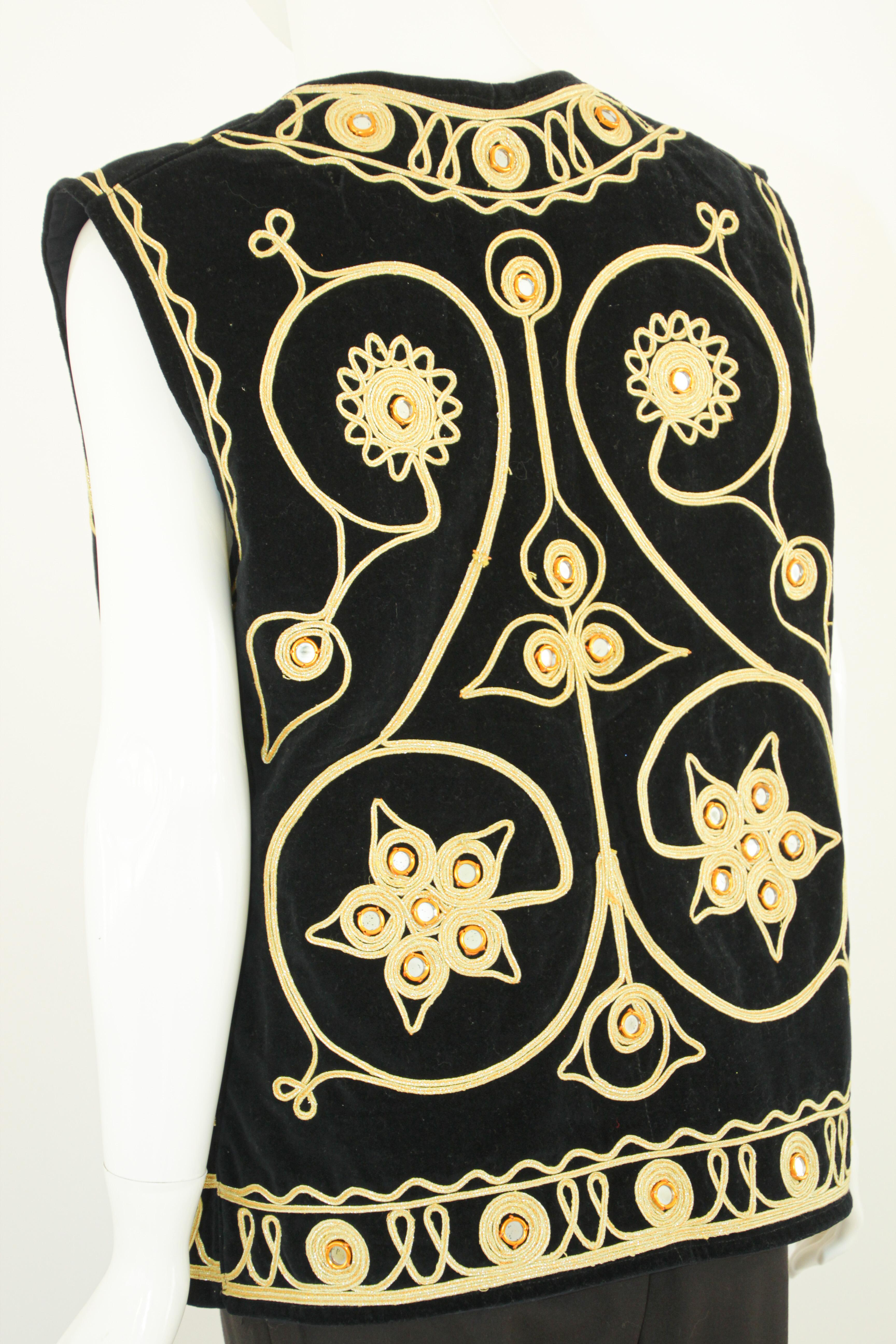 Black Velvet Gold Embroidered Mirrored Turkish Hippie Vest 1970's For Sale 9