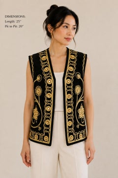 Black Velvet Gold Embroidered Mirrored Turkish Hippie Vest 1970's