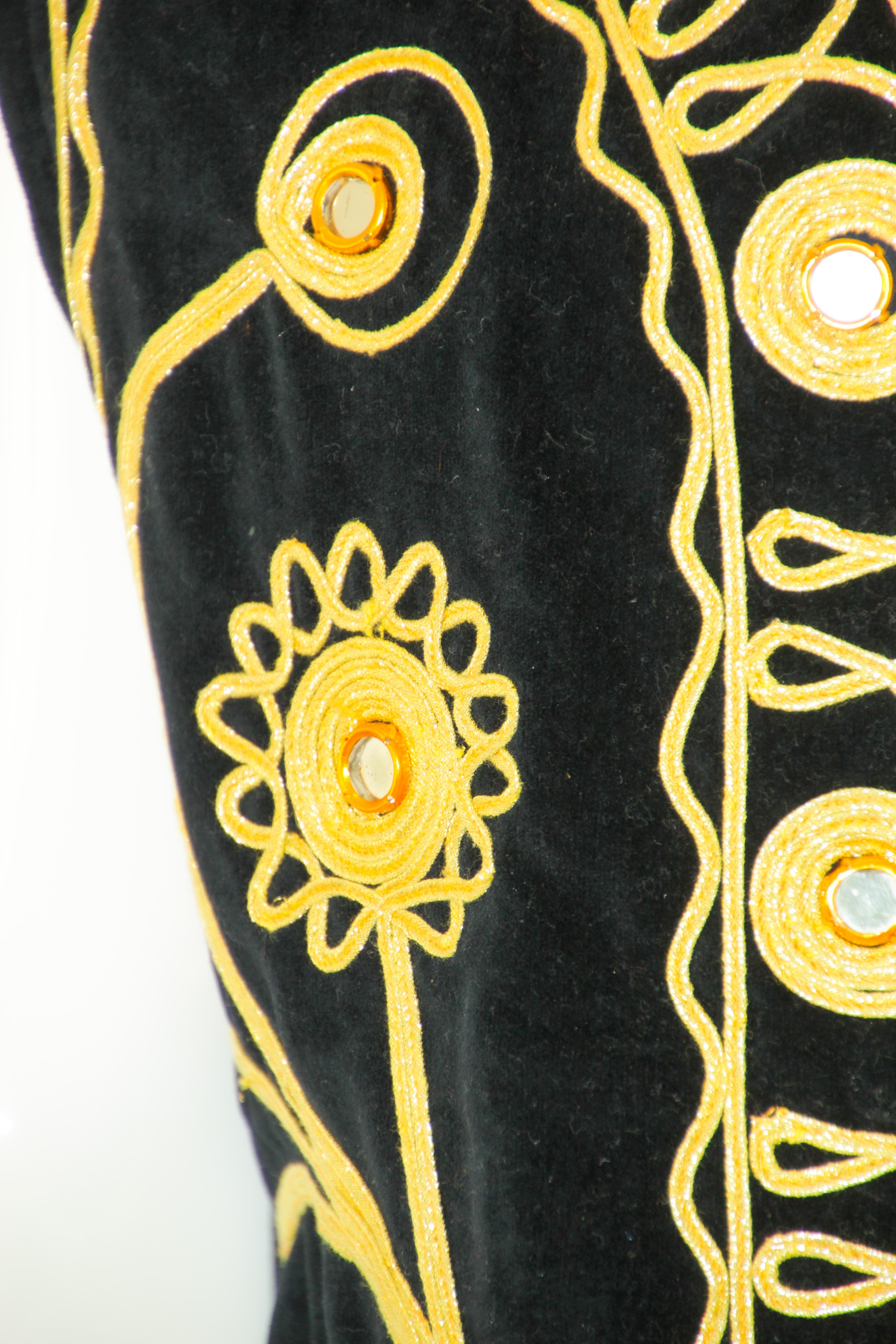 Women's or Men's Black Velvet Gold Embroidered Mirrored Turkish Hippie Vest 1970's For Sale