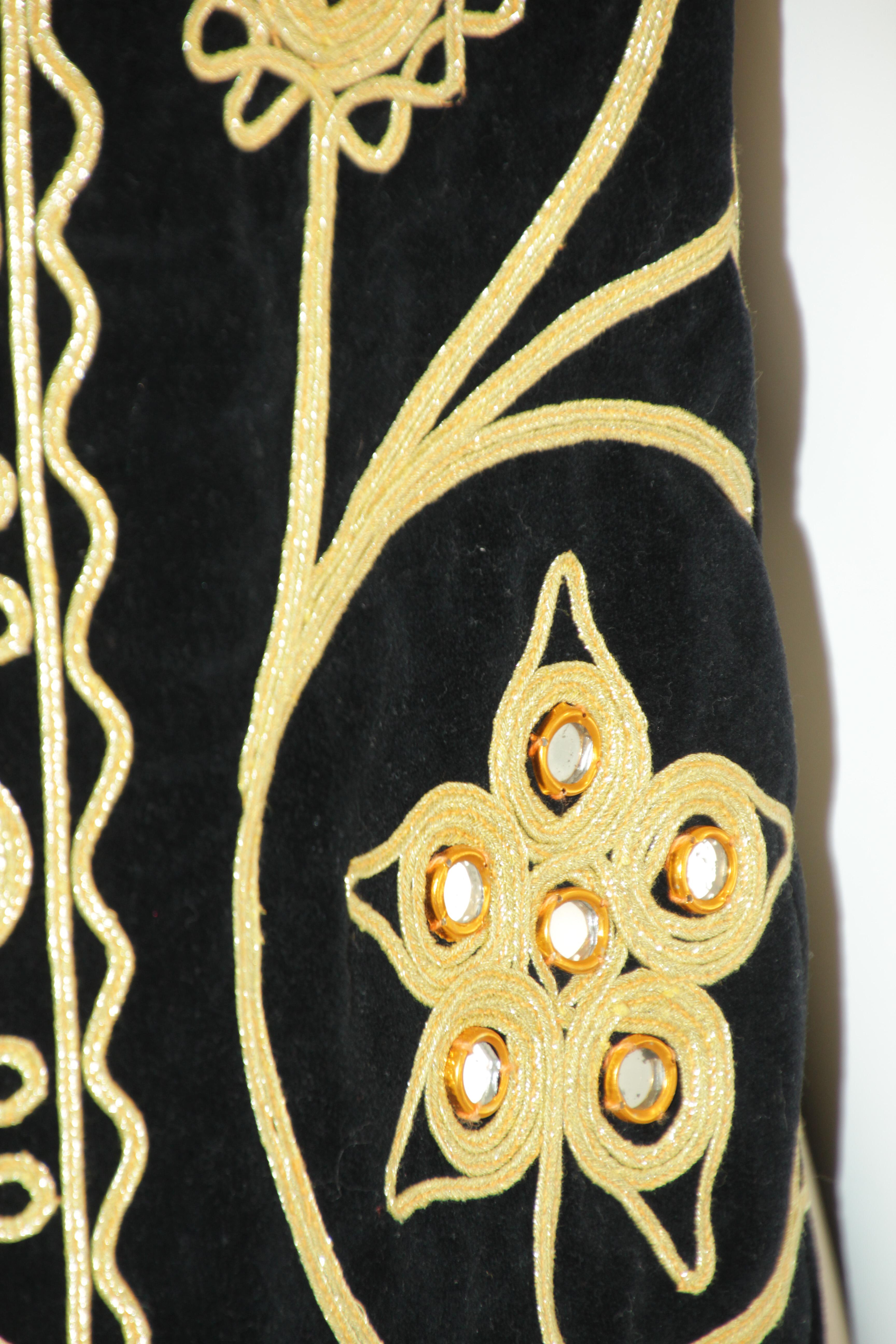 Black Velvet Gold Embroidered Mirrored Turkish Hippie Vest 1970's For Sale 2