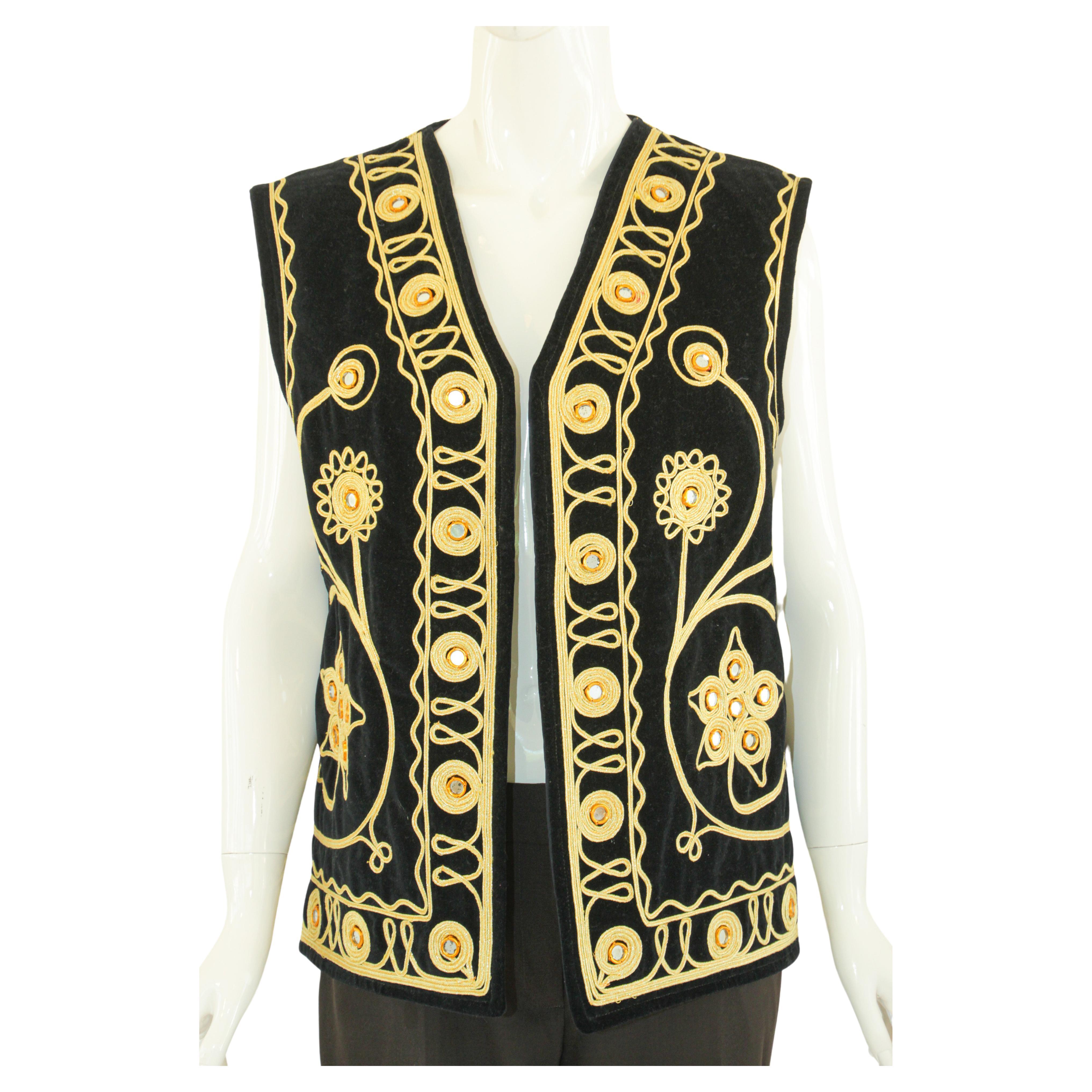 Black Velvet Gold Embroidered Mirrored Turkish Hippie Vest 1970's For Sale