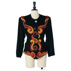 Giacca di velluto nero con ricami passementerie multicolore YSL Rive Gauche