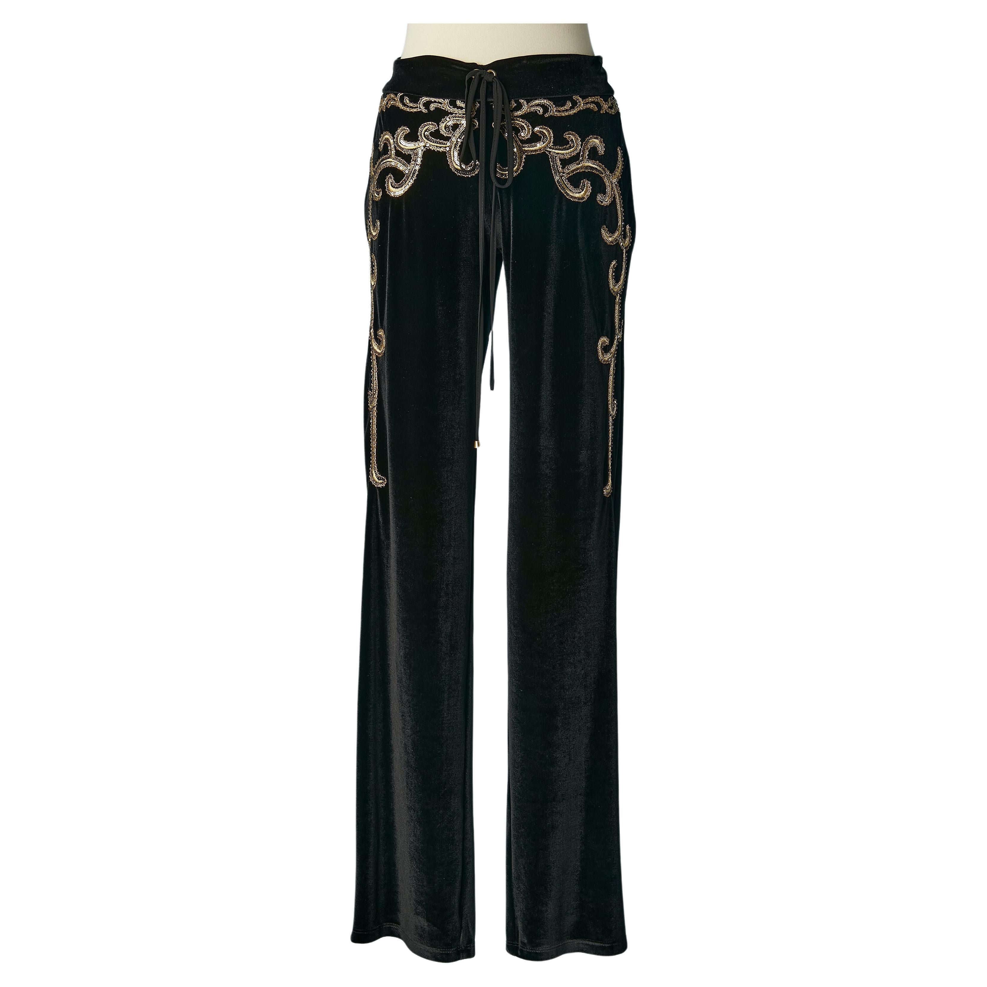 Black velvet jogging pant with sequins embroideries Gai Mattiolo Love to Love For Sale