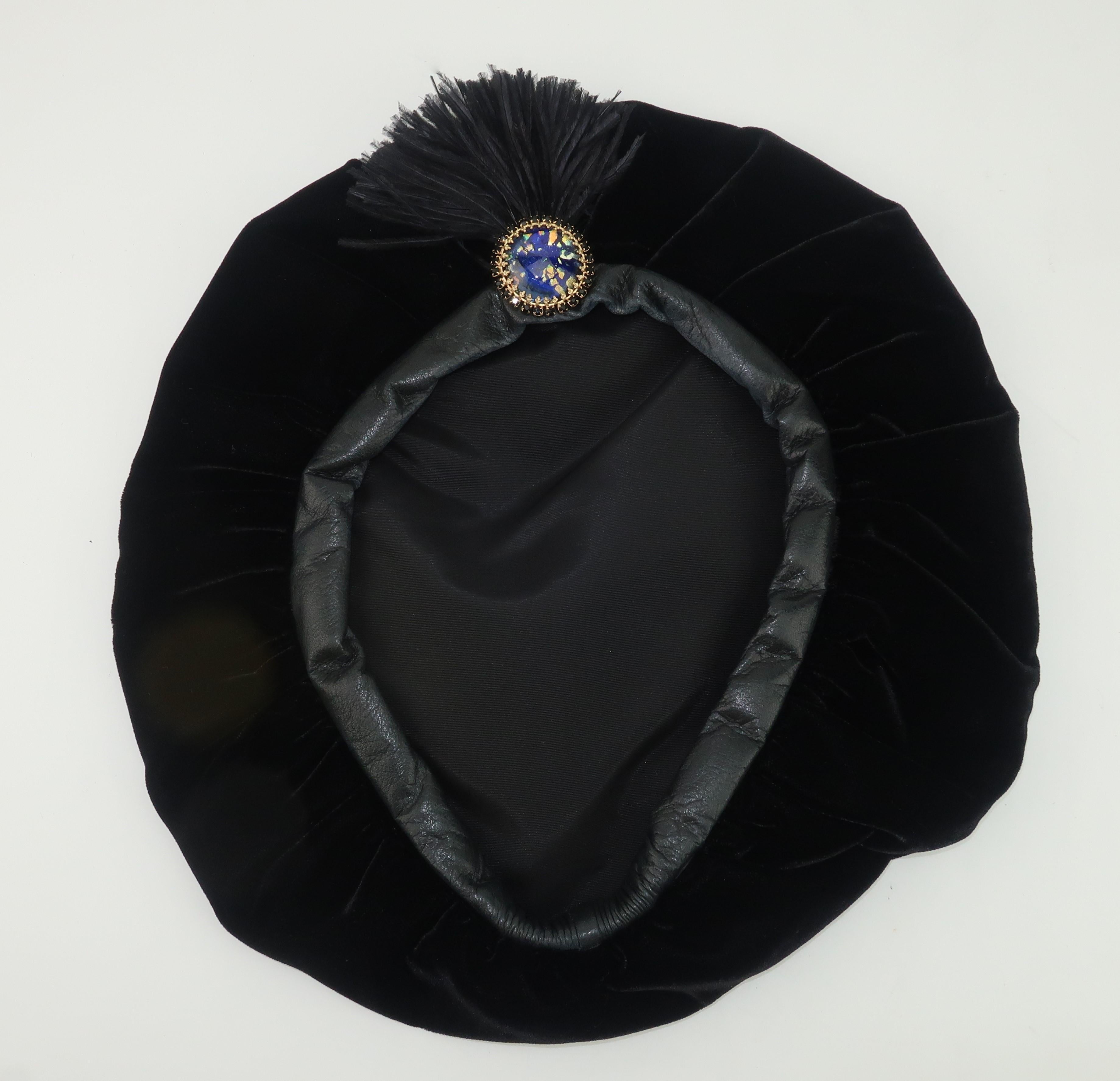 Black Velvet & Leather Beret Style Hat In Good Condition In Atlanta, GA