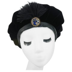 Retro Black Velvet & Leather Beret Style Hat