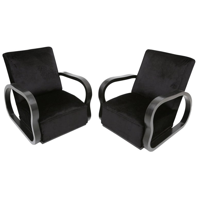 Black Velvet Lounge Chairs Halabala Style at 1stDibs