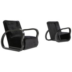 Black Velvet Lounge Chairs in the Manner of Halabala