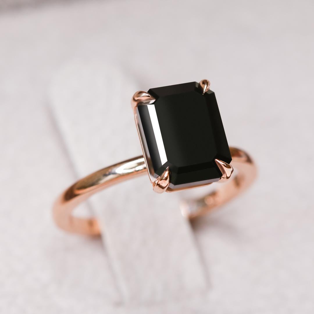 Art Deco Black Velvet Natural Black Diamond Emerald Cut Engagement Ring - 3.01 Ct For Sale