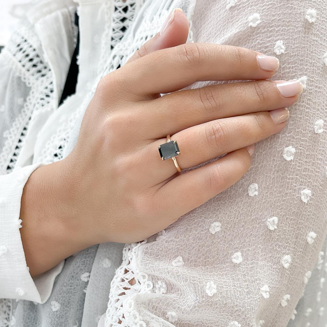 Women's Black Velvet Natural Black Diamond Emerald Cut Engagement Ring - 3.01 Ct For Sale