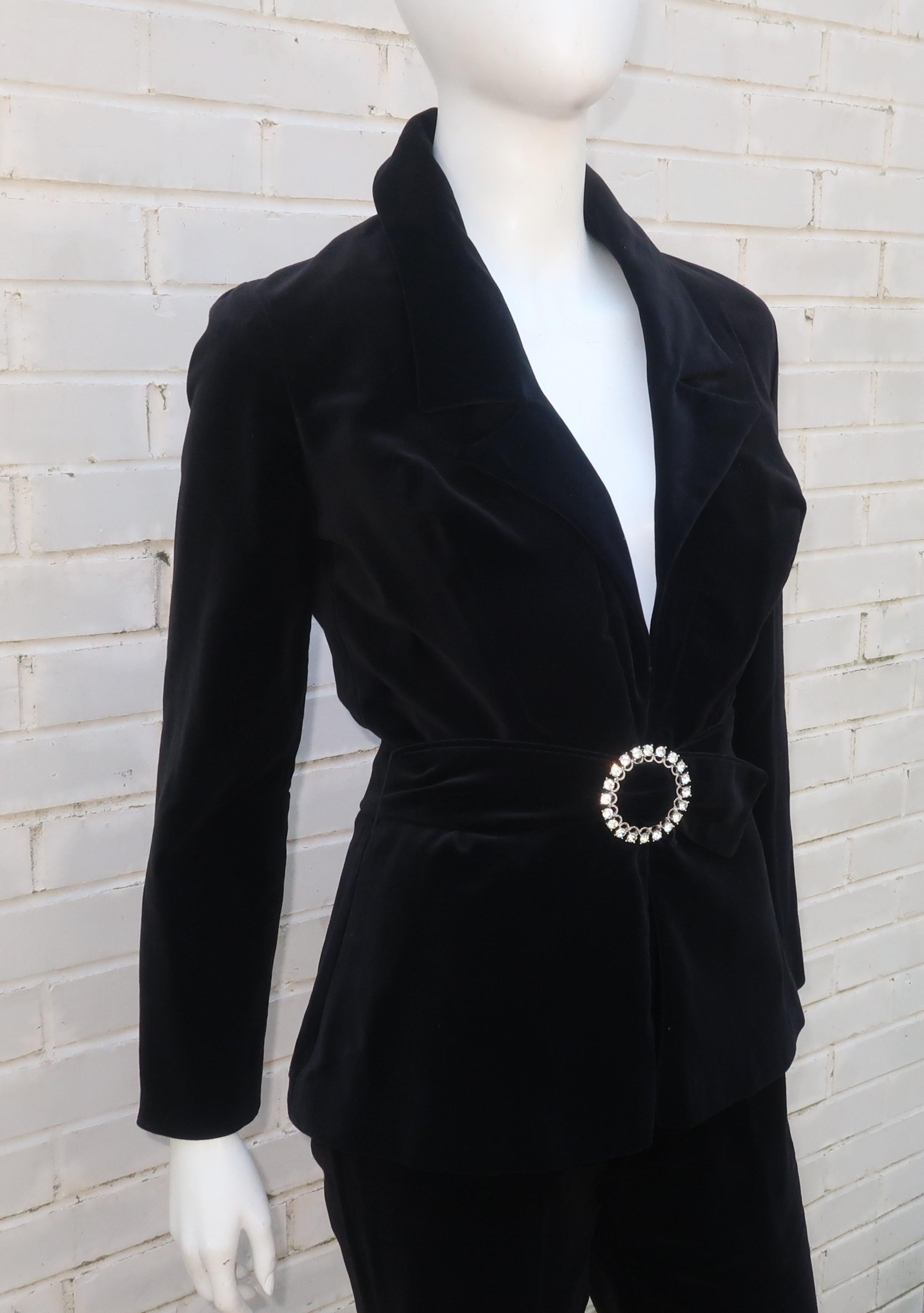 Women's Black Velvet Pant Suit With Rhinestone Belt, C.1970 For Sale