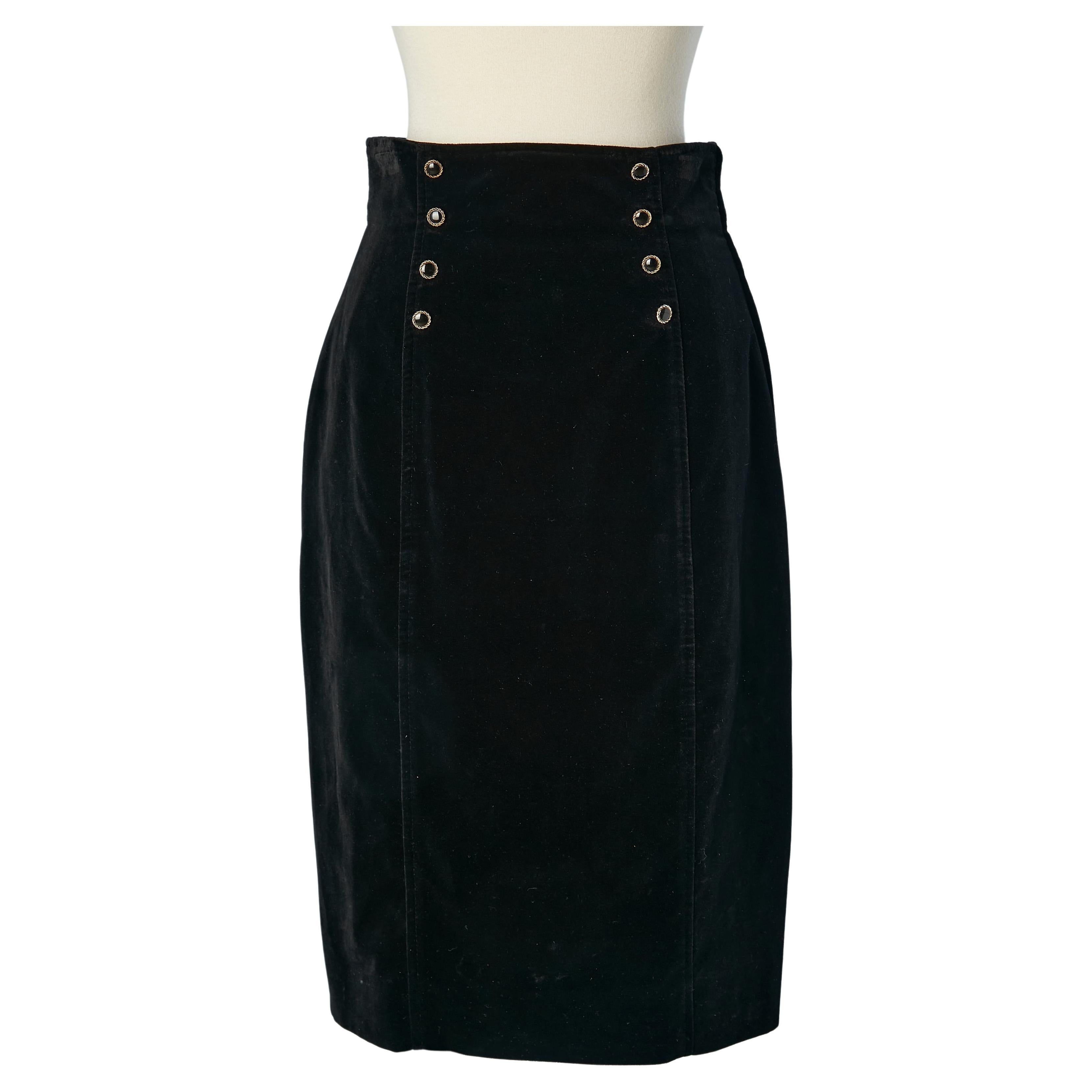 Black velvet pencil skirt with decorative buttons Ungaro Solo Donna  For Sale