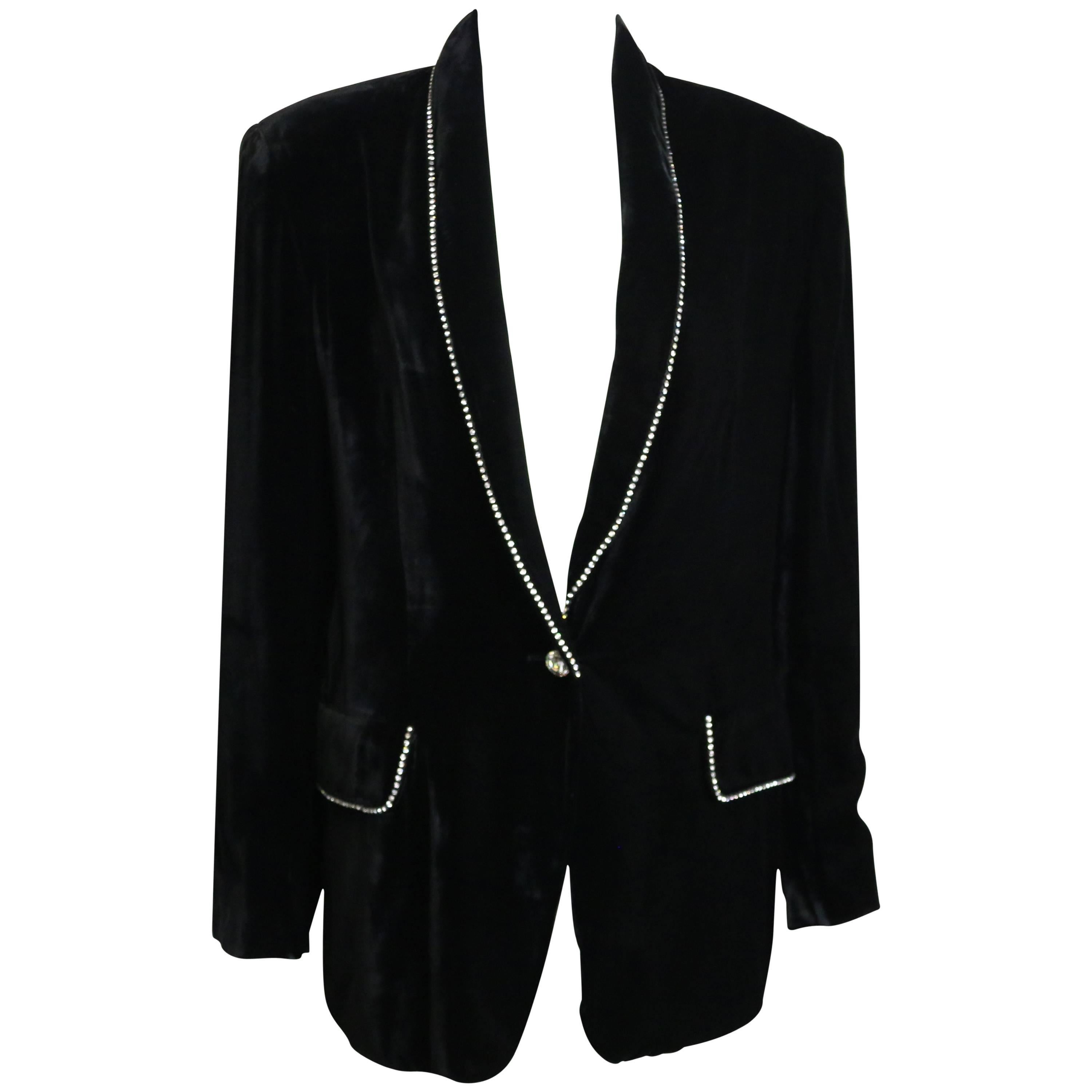 Black velvet rhinestones shawl collar blazer For Sale