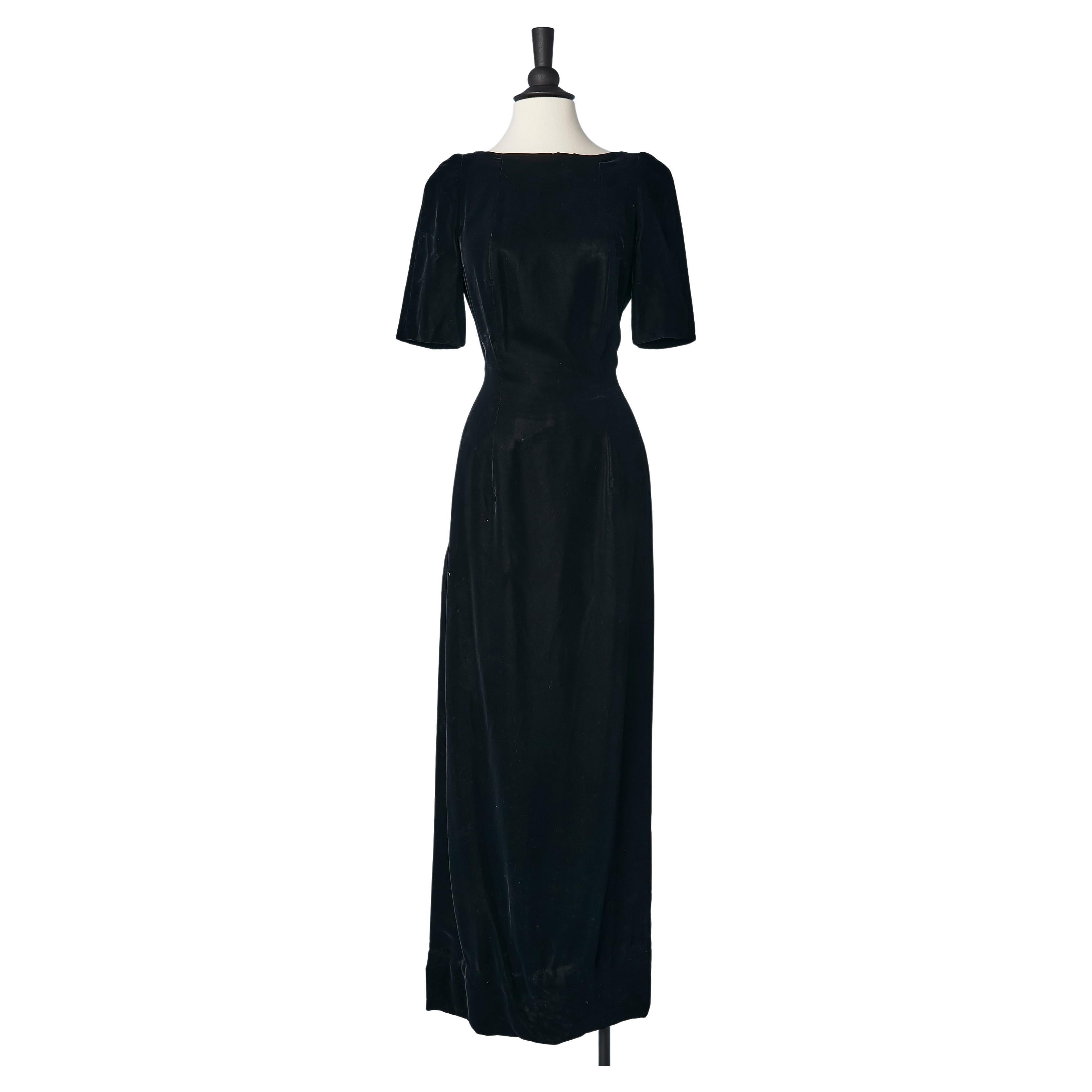 Black velvet short sleeve evening dress Balenciaga Prélude  For Sale